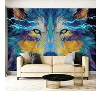 Panoramic Wallpaper Mural 200 x 140 cm Feature Bedroom Solitary Wolf Lightning Storm Animal Portrait Living Room, Bedroom,Office Home Decoration Trendy Abstract ArtBlue Yellow