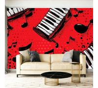 Panoramic Wallpaper Mural 350 x 256 cm Feature Bedroom Piano Keys Music Notes Ink Splatter Living Room, Bedroom,Office Home Decoration American Streetwear StyleRuby Red