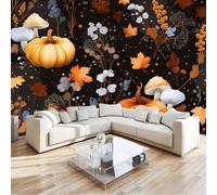 Panoramic Wallpaper Mural Autumn Forest, 3D Non-Woven Wall Mural Pumpkin Mushroom, Premium Art Print Wall Decor for Living Room Kids' Bedroom Office 300 X 210 Cm Black