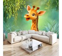 Panoramic Wallpaper Mural Cartoons Animals, 3D Non-Woven Wall Mural Jungle Giraffe Musical Notes, Premium Art Print Wall Decor for Living Room Kids' Bedroom Office 400 X 280 Cm Green