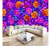 Panoramic Wallpaper Mural Exotic, 3D Non-Woven Wall Mural Tropical Cartoon Flowers, Premium Art Print Wall Decor for Living Room Kids' Bedroom Office 400 X 280 Cm Purple