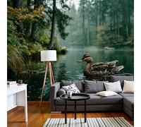 Panoramic Wallpaper Mysterious Forest Scene,3D Redwood Forest Mallard Duck Pattern Photo Wallpaper,Olive Green Mural Panoramic,Large Photo Mural 450 × 315 Cm For Bedroom Living Room Office Decoration