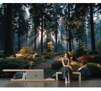 Panoramic Wallpaper Natural Forest,3D Sunlight Filtering Through The Leaves Effect Photo Wallpaper,Dark Green Mural Panoramic, Large Photo Mural 300 × 210 Cm For Bedroom Living Room Office Decoration