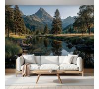 Panoramic Wallpaper Natural Forest Scene,3D Mountain Peaks Lake Reflections Effect Photo Wallpaper,Dark Green Mural Panoramic, Large Photo Mural 350 × 256 Cm For Bedroom Living Room Office Decoration