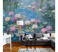 Panoramic Wallpaper Oil Painting Style,3D Pond Lotus Flowers Water Lilies Effect Photo Wallpaper,Green Mural Panoramic, Large Photo Mural 300 × 210 Cm For Bedroom Living Room Office Decoration