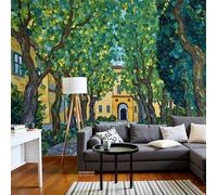 Panoramic Wallpaper Oil Painting Style,3D Streets Trees Architectural Elements Effect Photo Wallpaper,Green Mural Panoramic,Large Photo Mural 250 × 175 Cm For Bedroom Living Room Office Decoration