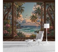 Panoramic Wallpaper Palm Trees, Sea Waves, Flying Birds Pattern Tropical Seaside Breeze Photo Wallpaper, Blue-Green Mural Panoramic Wall Tapestry, Large Photo Mural 250x175cm for Bedroom Living Room