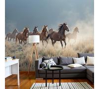 Panoramic Wallpaper Realistic Style,3D Galloping Horses Across The Grasslands Effect Photo Wallpaper,Brown Mural Panoramic,Large Photo Mural 200 × 140 Cm For Bedroom Living Room Office Decoration