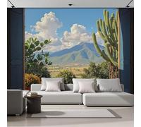 Panoramic Wallpaper Realistic Window Frame Design,3D Cactus Mountain Element Effect Photo Wallpaper,Red Mural Panoramic, Large Photo Mural 300 × 210 Cm For Bedroom Living Room Office Decoration