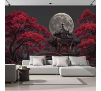 Panoramic Wallpaper Red Leaf Tree Landscape,3D Full Moon Pavilion Illustration Effect Photo Wallpaper,Dark Red Mural Panoramic, Large Photo Mural 150 × 105 Cm For Bedroom Living Room Office Decoration