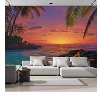 Panoramic Wallpaper Sunset View Over The Sea,3D Starfish And Palm Tree Elements Effect Photo Wallpaper,Purple Mural Panoramic,Large Photo Mural 250 × 175 Cm For Bedroom Living Room Office Decoration