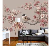 Panoramic Wallpaper Traditional Ink Painting,3D Pink Flowers Bird Pattern Effect Photo Wallpaper,Blush Powder Mural Panoramic,Large Photo Mural 450 × 315 Cm For Bedroom Living Room Office Decoration