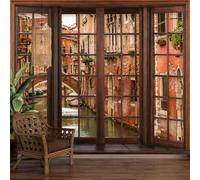 Panoramic Wallpaper Trompe l'oeil Wooden Window Venice Width 130 cm x Height 104 cm