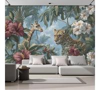Panoramic Wallpaper Tropical Rainforest Scene,3D Giraffe Leopard Elements Effect Photo Wallpaper,Green Mural Panoramic,Large Photo Mural 450 × 315 Cm For Bedroom Living Room Office Decoration
