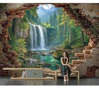 Panoramic Wallpaper Waterfall Outside The Brick Wall Pattern Natural Scenery Photo Wallpaper, Green Mural Panoramic Wall Tapestry, Large Photo Mural 400x280cm for Bedroom Living Room Office Decoration