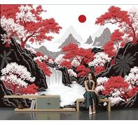 Panoramic Wallpaper Woodcut Print,3D Mountains Cherry Blossoms Waterfall Scenery Effect Photo Wallpaper,Red Mural Panoramic, Large Photo Mural 400 × 280 Cm For Bedroom Living Room Office Decoration