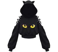PANOZON Women's Cute Cat Ear Hoodies Crop Top Off Shoulder Hollow Out Long Sleeve Black Punk Y2K Gothic Sweatshirts Cat Eye 3XL