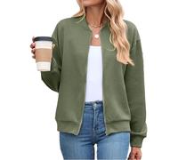 PANOZON Women's Full Zip Bomber Jacket Lightweight Baseball Jackets Ladies Fall Zipper Coat Casual Long Sleeve Sportwear Tops Green L