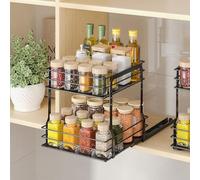 PanPanPal Pull Out Spice Rack Cabinet Organiser, 2 Tier Spice Organiser for Inside Cupboard, 9.65" W x 10.7" D x 10.24" H, Vertical Slide Out Kitchen Spice Storage, Black (Not for Cabinet with Lip)