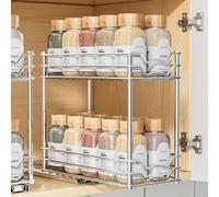 PanPanPal Pull Out Spice Rack for Inside Cupboard, 2 Tier Chrome Slide Out Spice Organiser, No Drilling Vertical Seasoning Storage for Kitchen Cabinets, 10.4cm W x 26.4cm D x 24cm H
