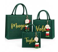 PANPANZZ Custom Christmas Secret Santa Gift Bag with Name Printing | Festive Red & Green Burlap Tote with Wooden Pendant and Tassel, Gift Giving and Storage