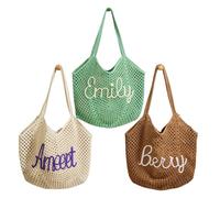 PANPANZZ Custom Name Summer Vacation Tote, Personalized Crochet Bag For Honeymoon, Tropical Getaway Essential Shoulder Bags, Handmade Beach Purse, Gift For Bride To Be