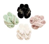 PANPANZZ Customized Fluffy Cross Band Slippers, Soft Faux Fur Indoor House Shoes With Non-Slip Rubber Sole, Personalized Open Toe Fuzzy Slides For Wedding, Honeymoon & Daily Wear