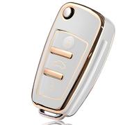 PANPHEN Car Key Cover Compatible with Audi A1 A3 A4 A6 Q3 Q5 Q7 S3 R8 TT 3 Button Car Key Remote TPU Protective Case (Gold Edge-White)