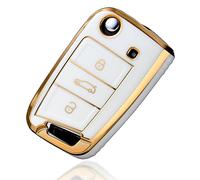 PANPHEN Car Key Cover for VW Golf 7 mk7, VW Key Case Suitable for Polo, Seat, Skoda, 3 Buttons TPU Protective VW Key Case (Gold Edge-White)