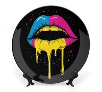 Pansexual Flag LGBT Gay Dripping Lips Bone China Decorative Plate with Display Stand Ceramic Dinner Plates Wall Decor for Home Kitchen 6inch