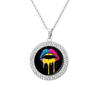 Pansexual Flag Lgbt Gay Dripping Lips Women's Round Diamond Necklace Vintage Alloy Pendants Multicolored Sparkly Jewelry