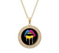 Pansexual Flag Lgbt Gay Dripping Lips Women's Round Diamond Necklace Vintage Alloy Pendants Multicolored Sparkly Jewelry