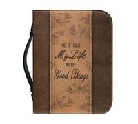 Panskyllis Bible Cover for Men Women Dustproof PU Leather Study Bible Protective Bag Handy Storage Bag with Handle Size M-2XL, He Fill My Life With Good Things, XXL