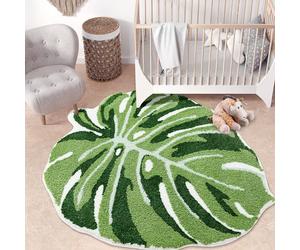 Panstar Green Leaf Kids Rug, Monstera Shaped Rug for Bedroom Bathroom Non Slip Microfiber Tufted Plant Large Bath Mat Boho Home Decor Large Size 43"X36"