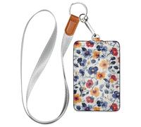 Pansy Country Style Valentine Leather Badge Card Holder with Lanyard and 3-Card Capacity id Holder for Office Worker Nurse Teacher Student