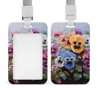 Pansy Flowers ID Badge Holder with Lanyard Vertical Badge Reel Clip Durable Clear Window Name Tag ABS Plastic Push-Pull Design ID Card Holder for Office, Nurses, Employees