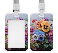 Pansy Flowers ID Badge Holder with Lanyard Vertical Badge Reel Clip Durable Clear Window Name Tag ABS Plastic Push-Pull Design ID Card Holder for Office, Nurses, Employees