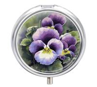 Pansy Perfection Pill Box 3 Compartment Round Small Pill Box for Pocket Purse Metal Travel Pill Case Portable Daily Pill Organizer Cute Compact Medicine Organizer Mini Pill Container