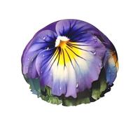 (Pansy Perfection) Print Double Layer Waterproof Shower Cap for Long Hair - Reusable Bath Hair Protection with Elastic Band for Women Travel.