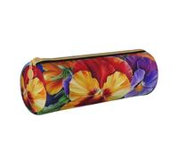 Pansy Perfection Printed Leather Pencil Case Round Pen Pencil Pouch Office Large Pencil Bag Stationery Box for Men Women Teens Students
