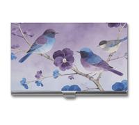Pansy Purple Oxford Blue Branches Birds Flowers Business Card Holder, Personalized Metal Name Card Case, Portable Pocket Card Organizer with Buckle Closure, Professional Business Card Container for Of