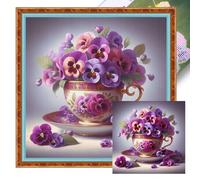 Pansy Tea Cup Counted Cross Stitch Kit 40x40cm, Full Embroidery Cotton Thread DIY Needlework for Adults Beginners, Home Wall Art Decor