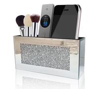 Pansyling Mirror Glass Remote Holder, Wall Mounted Silver Crush Diamond Organizer Mirrored Makeup Brush Holder Organizer Bling Decoration Storage Box for Remote Phone Notebook Pad Wallet, 8.3"×2.5"×4"