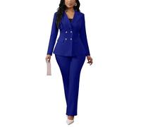 Pant Suits for Women Dressy Business Casual Outfits Long Sleeve Blazer Jacket Wide Leg Pant Sets Work Office Suits, Royal Blue, Medium