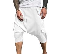 Pantalon Hippie Pour Hommes, Short Sarouel à entrejambe bas, Genie Court, Capri en Coton, Baggy, Jambes larges, Blanc, XX-Large, 3/4