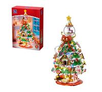 PANTASY Christmas Tree Building Block Set,Large Holiday Model with Built-in LED Lights,Crystal Ball Topper, Vintage Train,Snowman,Gingerbread House & Mini Ornaments,Festive Decoration for Adults&Kids