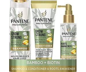 Pantene Grow Strong Shampoo And Conditioner Set + Leave-In Scalp Treatment With Caffeine Creates Optimal Environment For Hair Growth, With Bamboo & Biotin, Shampoo, Conditioner & Treatment