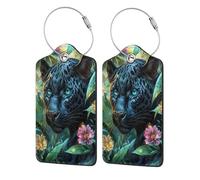 Panther and Flower Luggage Tag for Suitcase 2 Pack Leather Luggage Tag with Privacy Flap Name Id Label and Metal Loop for Women Men Travel
