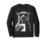 Panther Drinking Iced Coffee Funny Animal Meme y2k Grunge Long Sleeve T-Shirt