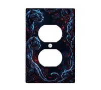 Panther Duplex Outlet Covers for Wall, Mystical Wildlife Leaves, Blue Eyes, Black Plastic Face Plates Standard Size for Electrical Outlets for Apartments, Home